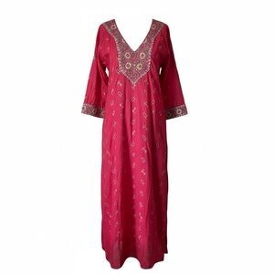 Boho Chic Magenta Pink Embroidered Shisha Mirror Work Kaftan Kurta Resort Wear